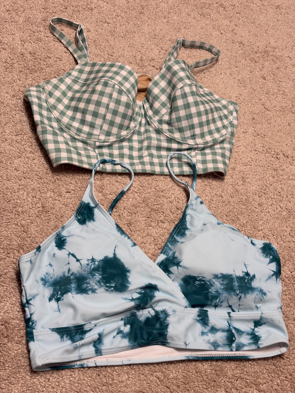 Green Gingham Bustier & Blue Tie-Dye Longline Bikini Tops